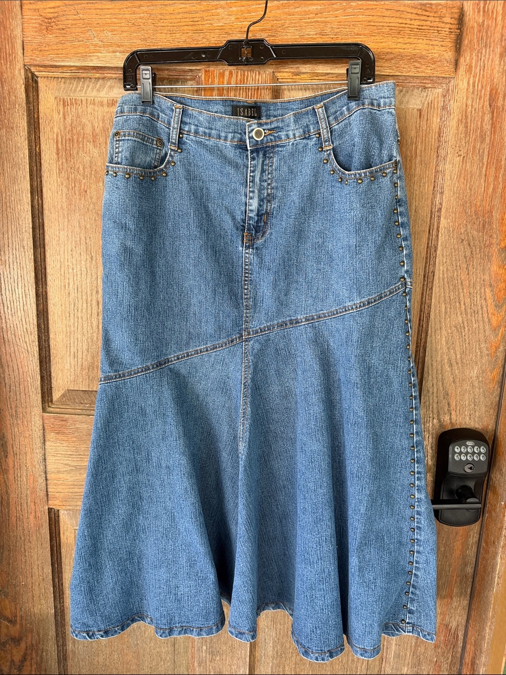 Isabel Blue Denim A-Line Skirt with Stud Trim Sz 10